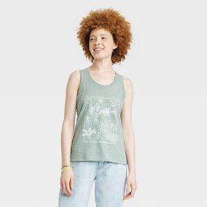 IML Womens Size Small House Plant Graphic Tank Top in Heathered Olive Green 1670